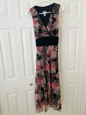Rabbit Rabbit Rabbit Black Floral Midi Dress with Pink and Cream Accents